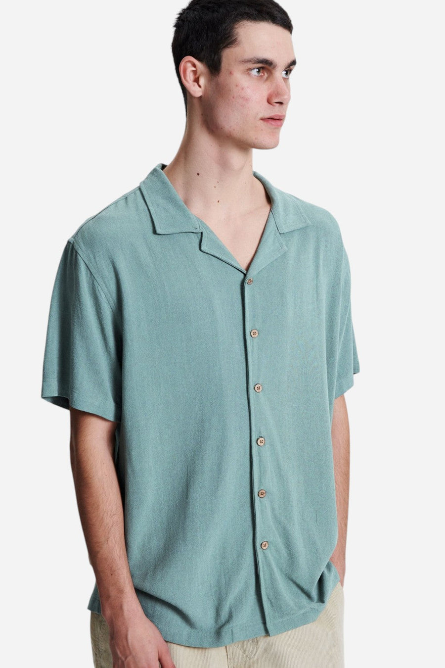 The Critical Slide Society Ernie Resort Shirt in Sea Grass – flat lay