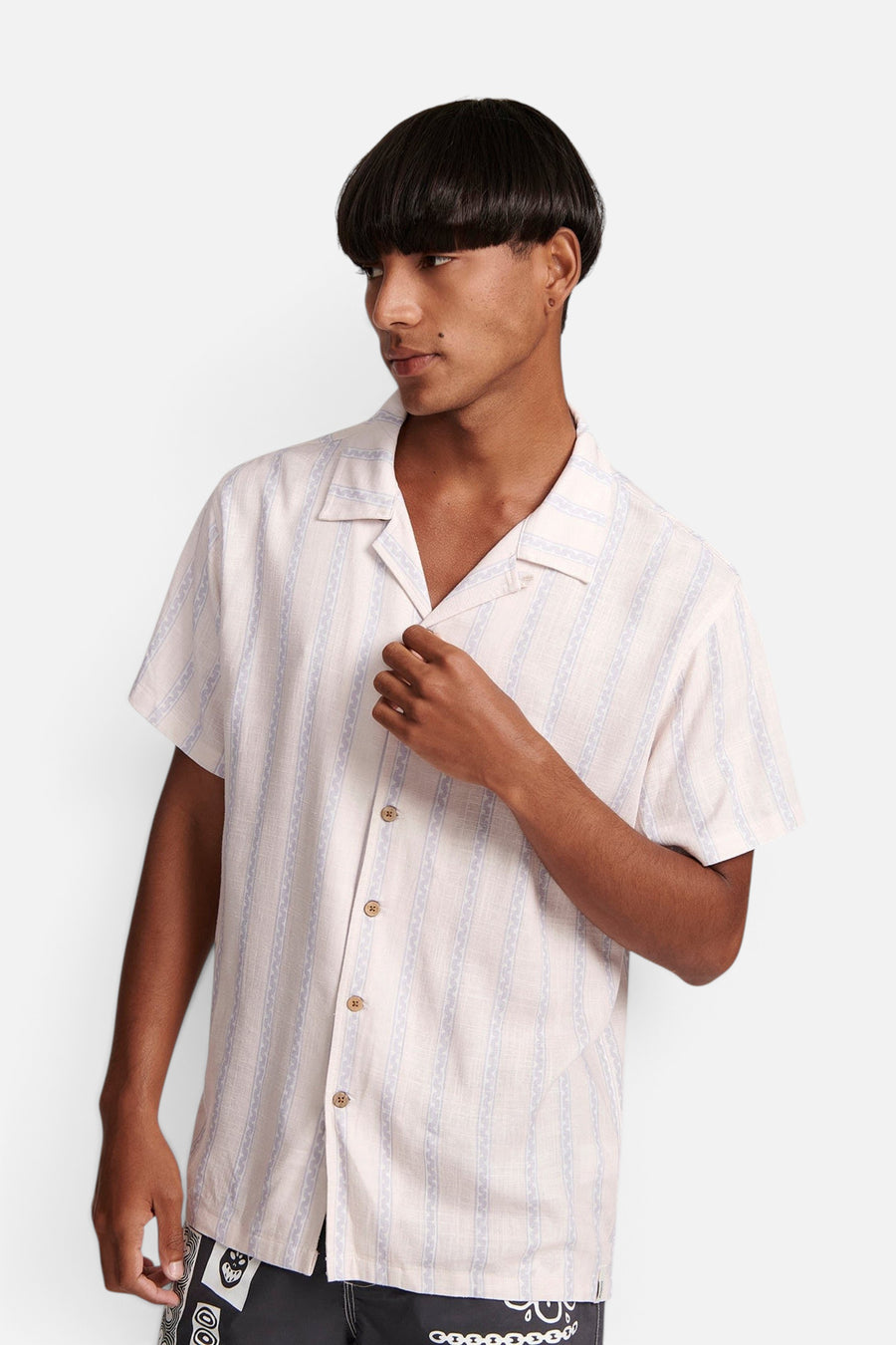 The Critical Slide Society Sideline Shirt in Salmon Stripe – flat lay