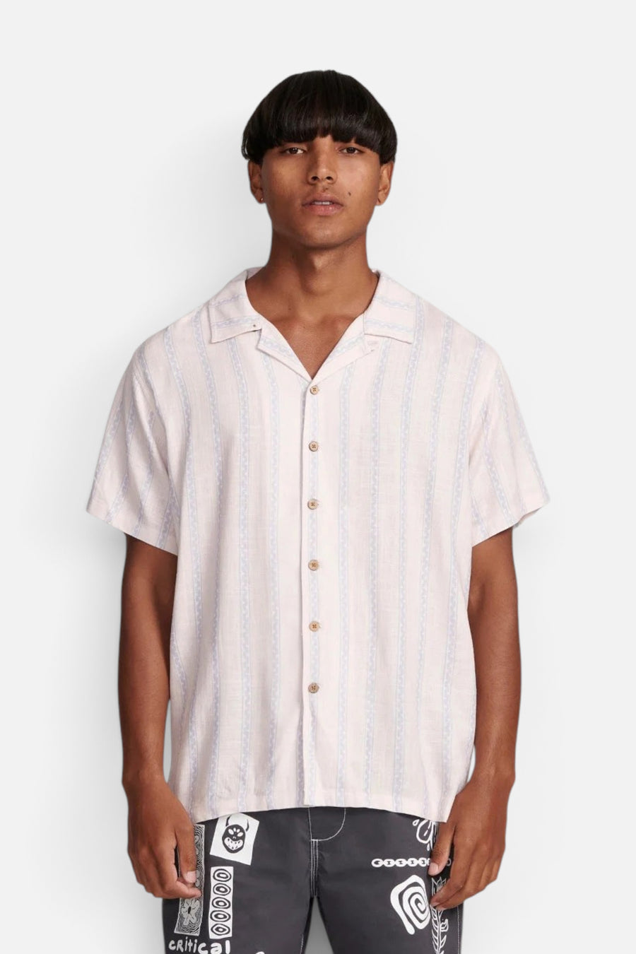 The Critical Slide Society Sideline Shirt in Salmon Stripe – front view