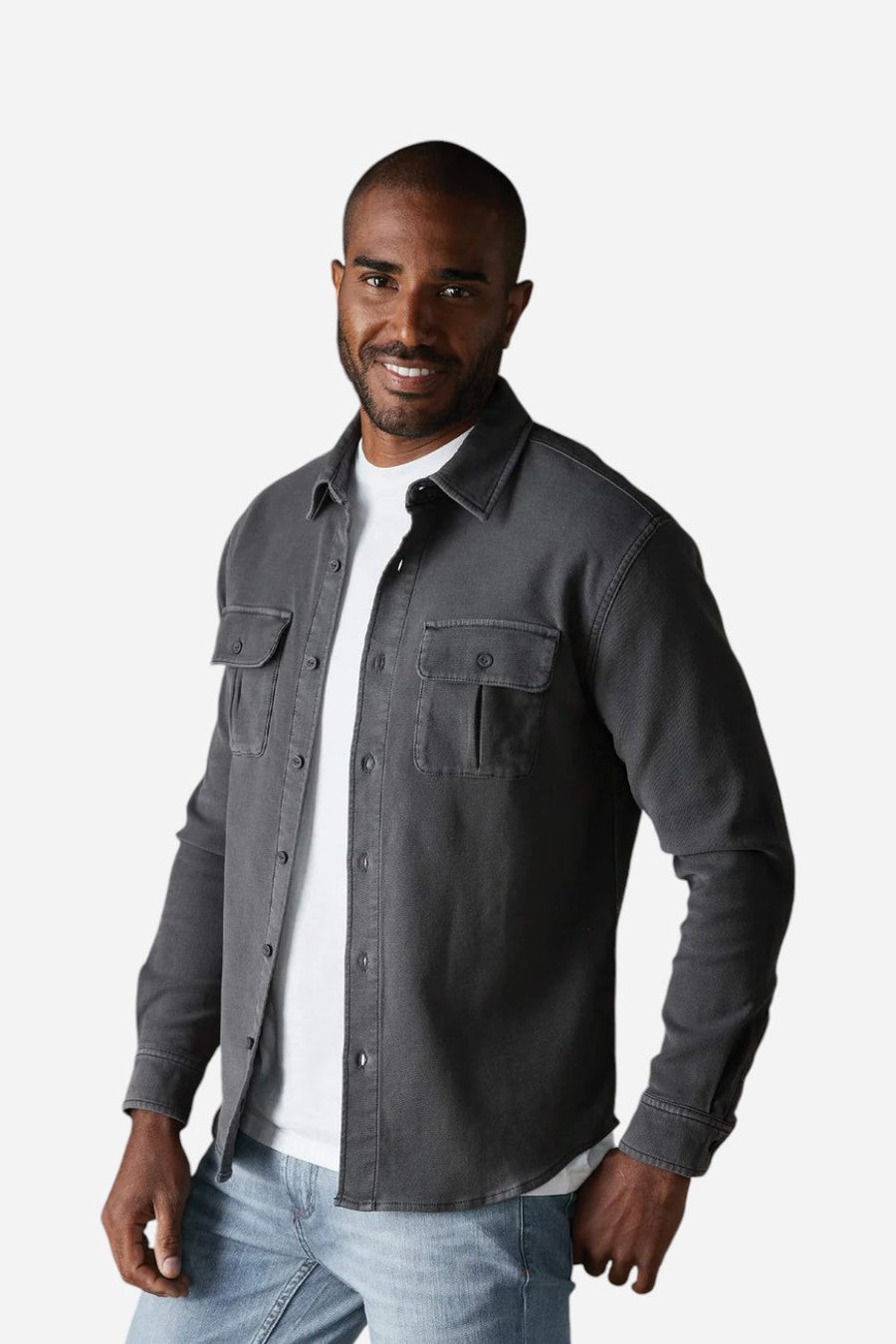 The Normal Brand Comfort Terry Shirt Jacket in Steel – back view