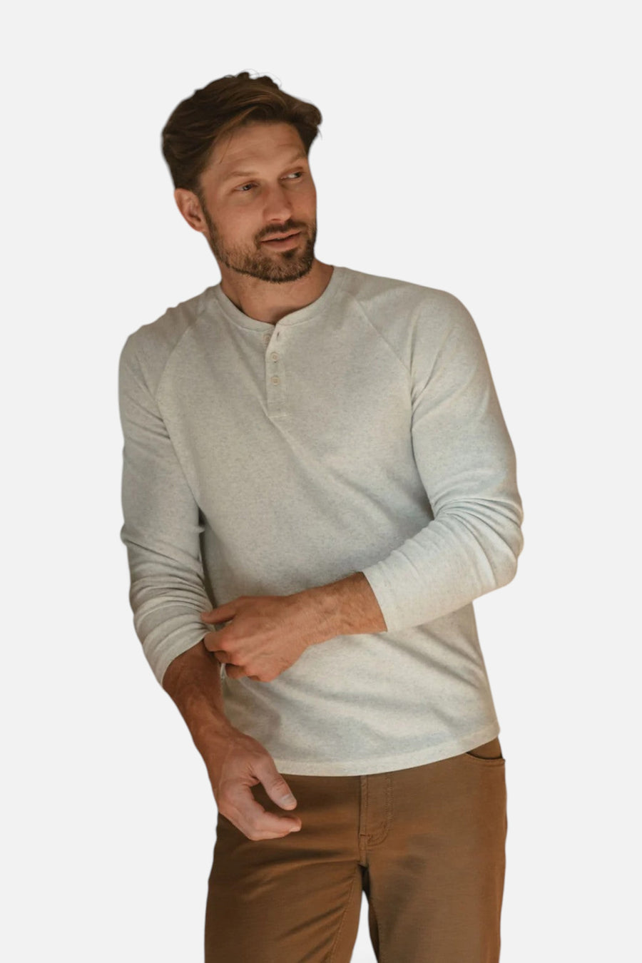 The Normal Brand Puremeso Everyday Henley in Stone – side view