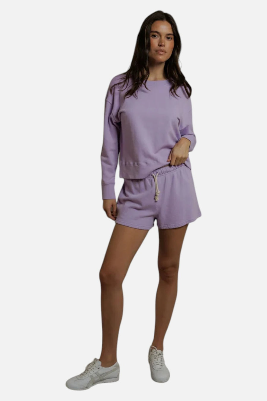 The Perfect Tee Layla French Terry Sweat Short in Ultraviolet Purple – on model