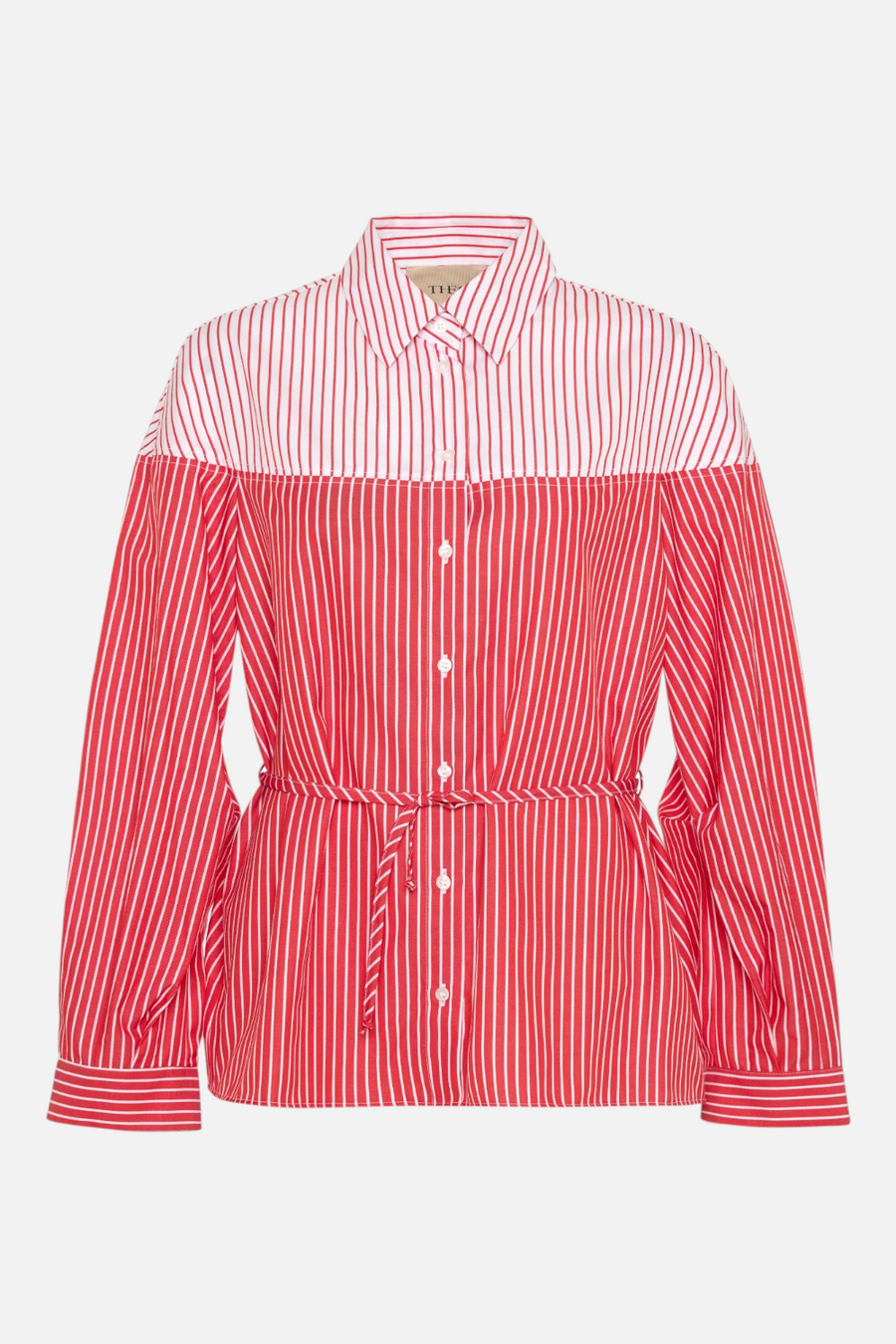 Theo The Label Echo Mix Stripe Colorblock Shirt in Hypernova – flat lay