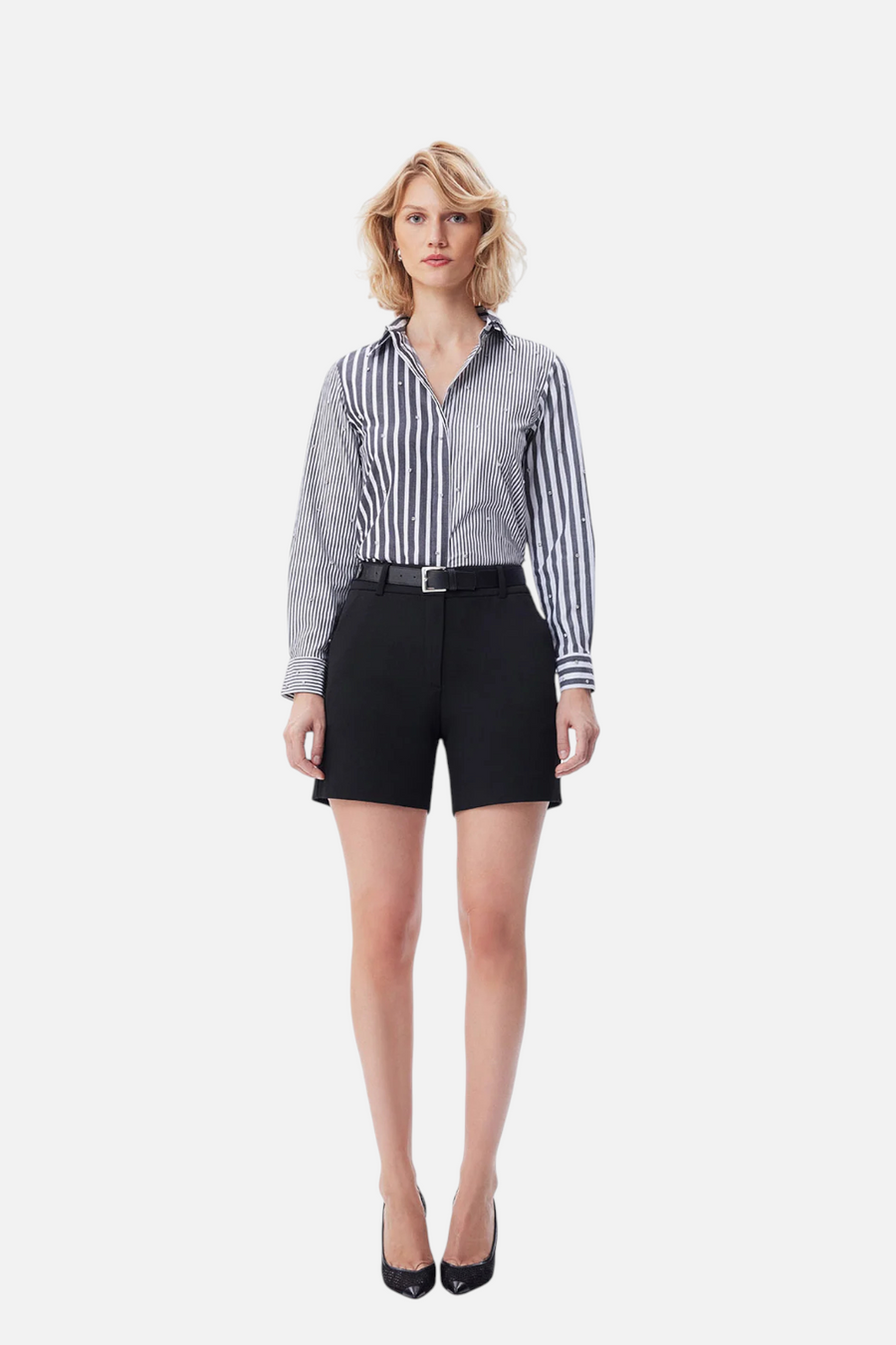 Theo The Label Echo Mix Stripe Pearly Shirt in Black/Crystal – front view