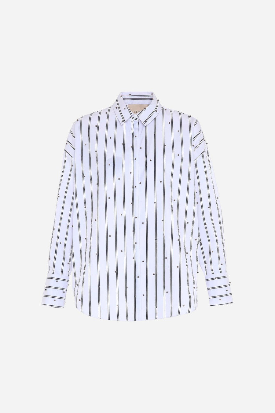 Theo the Label Echo Pearly Shirt in White/Gunmetal – front view