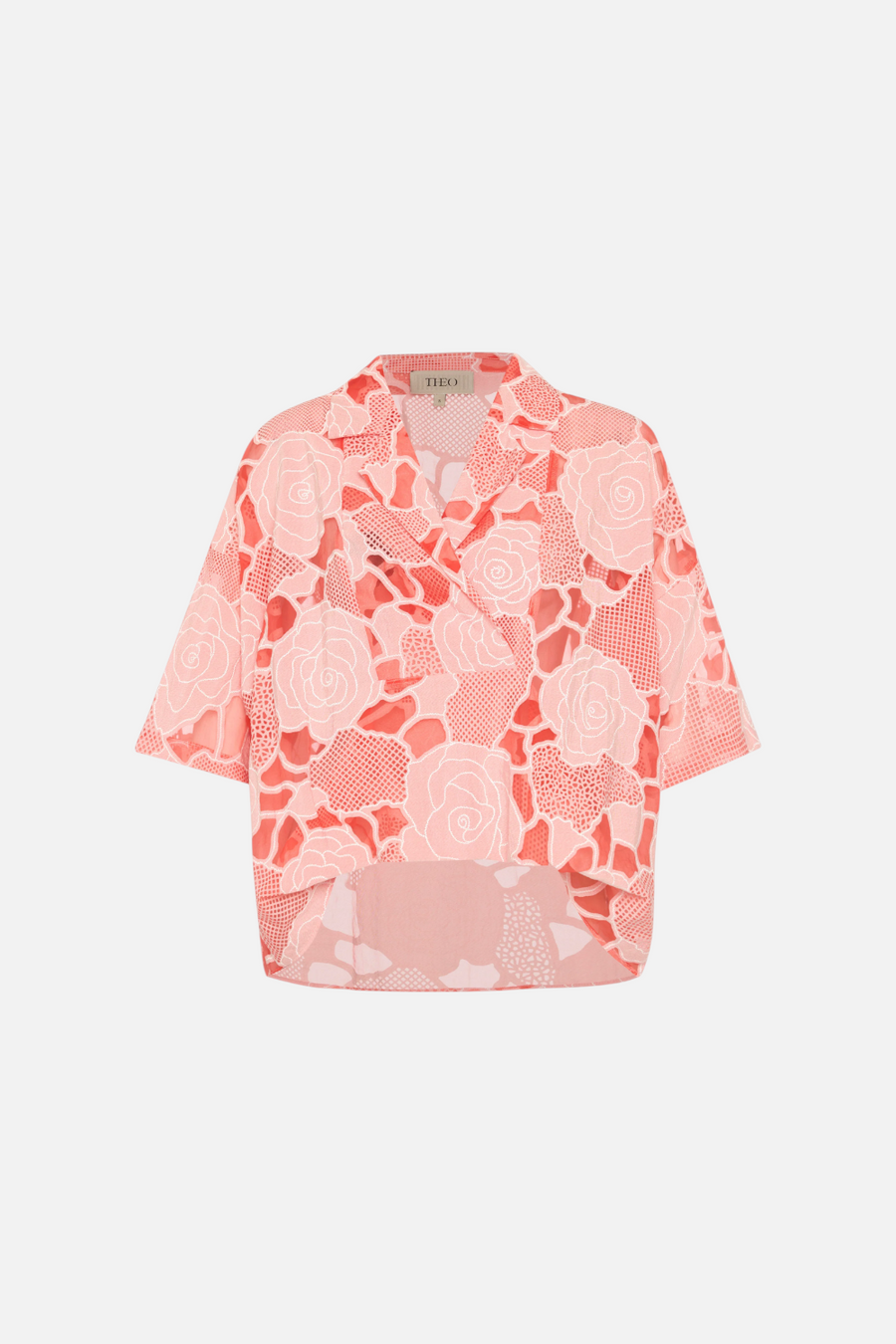 Theo the Label Ourania Oversized Drape Shirt in Aurora Peach – side view