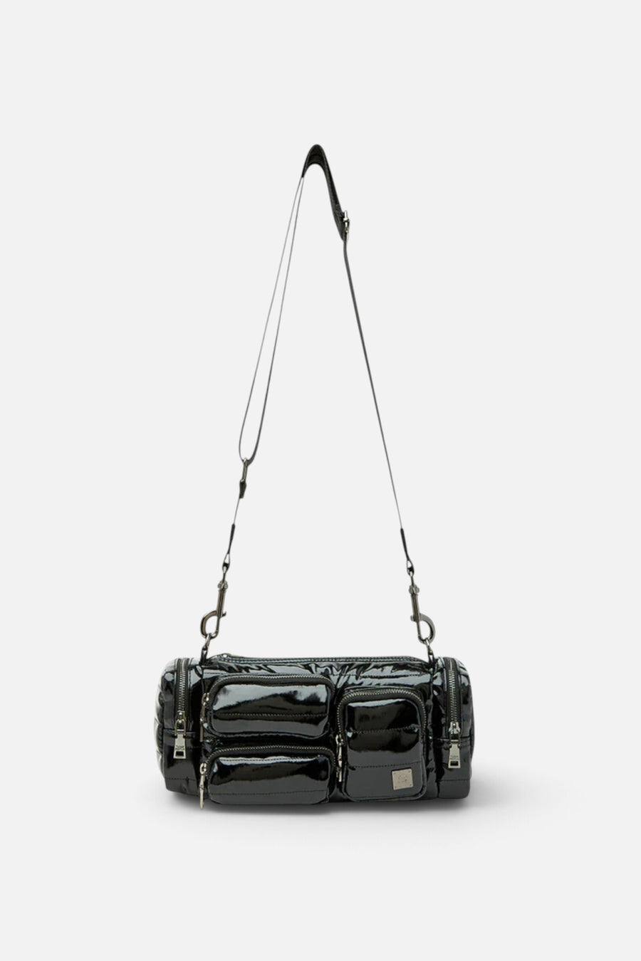 Think Royln Lady Cargo in Black Patent – three-quarter view
