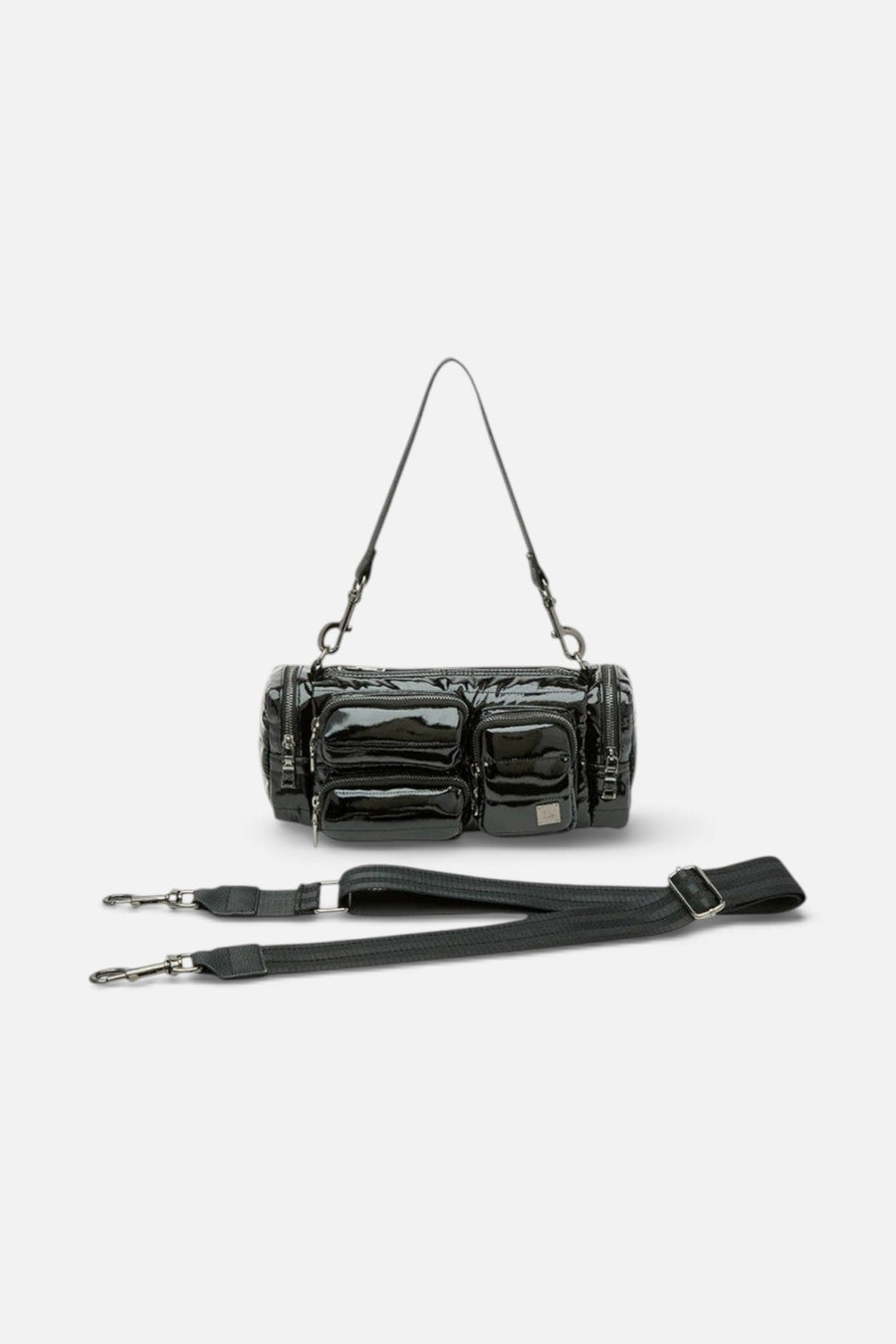 Think Royln Lady Cargo in Black Patent – three-quarter view