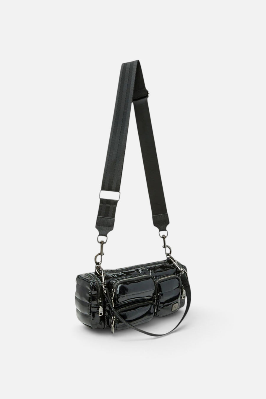 Think Royln Lady Cargo in Black Patent – three-quarter view