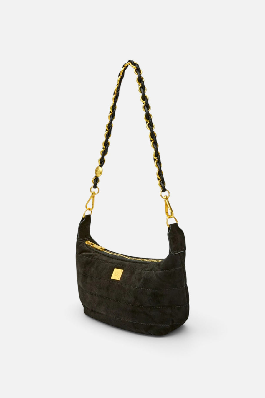 Think Royln Mini Moon Shoulder Bag in Black Luxe Suede – three-quarter view