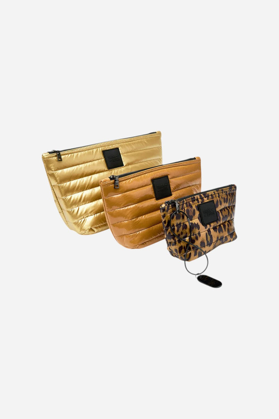 Think Royln Travel Trio Organizational Pouches in Mineral Gold Glossy Nude & Pearl Leopard – back view