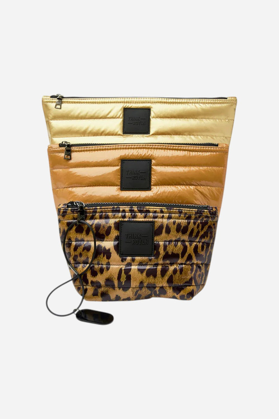 Think Royln Travel Trio Organizational Pouches in Mineral Gold Glossy Nude & Pearl Leopard – detail