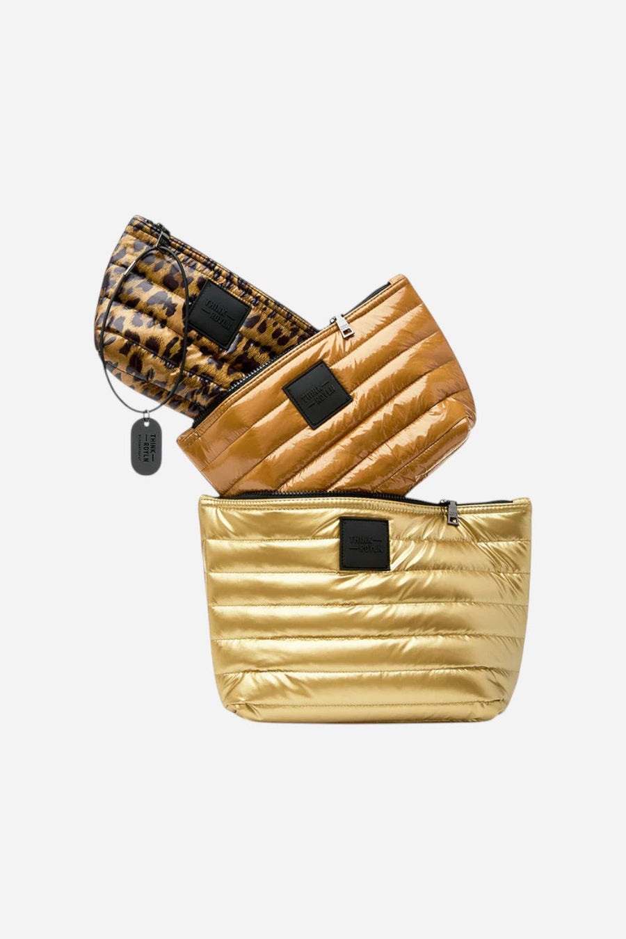 Think Royln Travel Trio Organizational Pouches in Mineral Gold Glossy Nude & Pearl Leopard – front view
