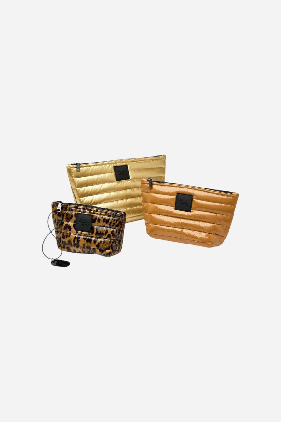 Think Royln Travel Trio Organizational Pouches in Mineral Gold Glossy Nude & Pearl Leopard – side view