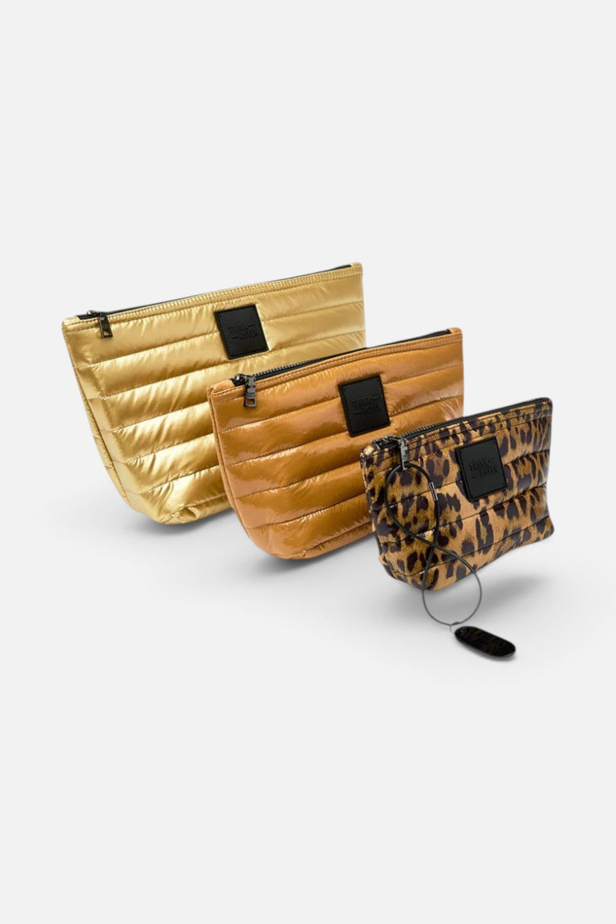 Think Royln Travel Trio Organizational Pouches in Mineral Gold Glossy Nude & Pearl Leopard – side view