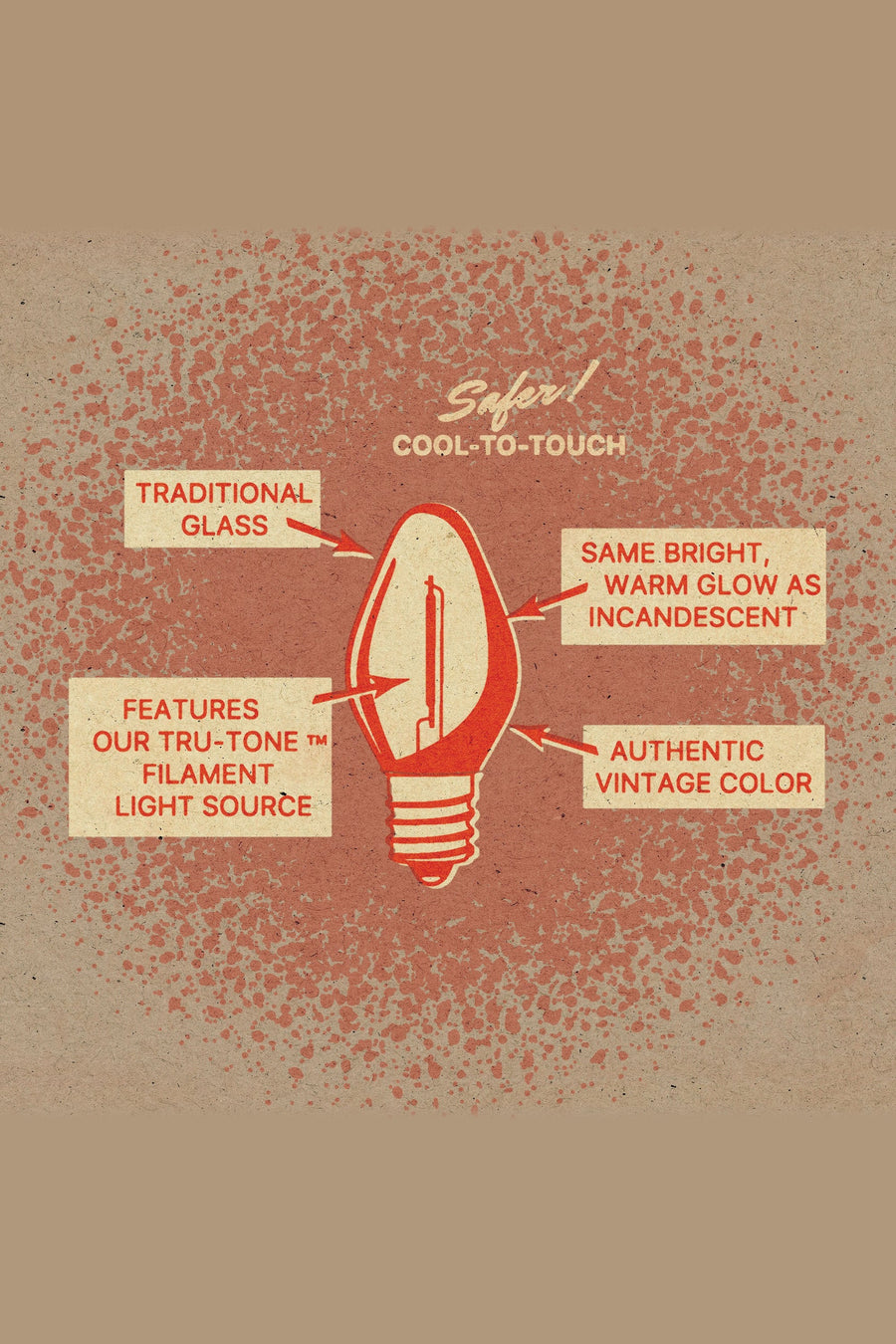 Tru-Tone C7 bulb diagram – traditional glass, Tru-Tone filament, warm glow like incandescent, authentic vintage color, cool to touch