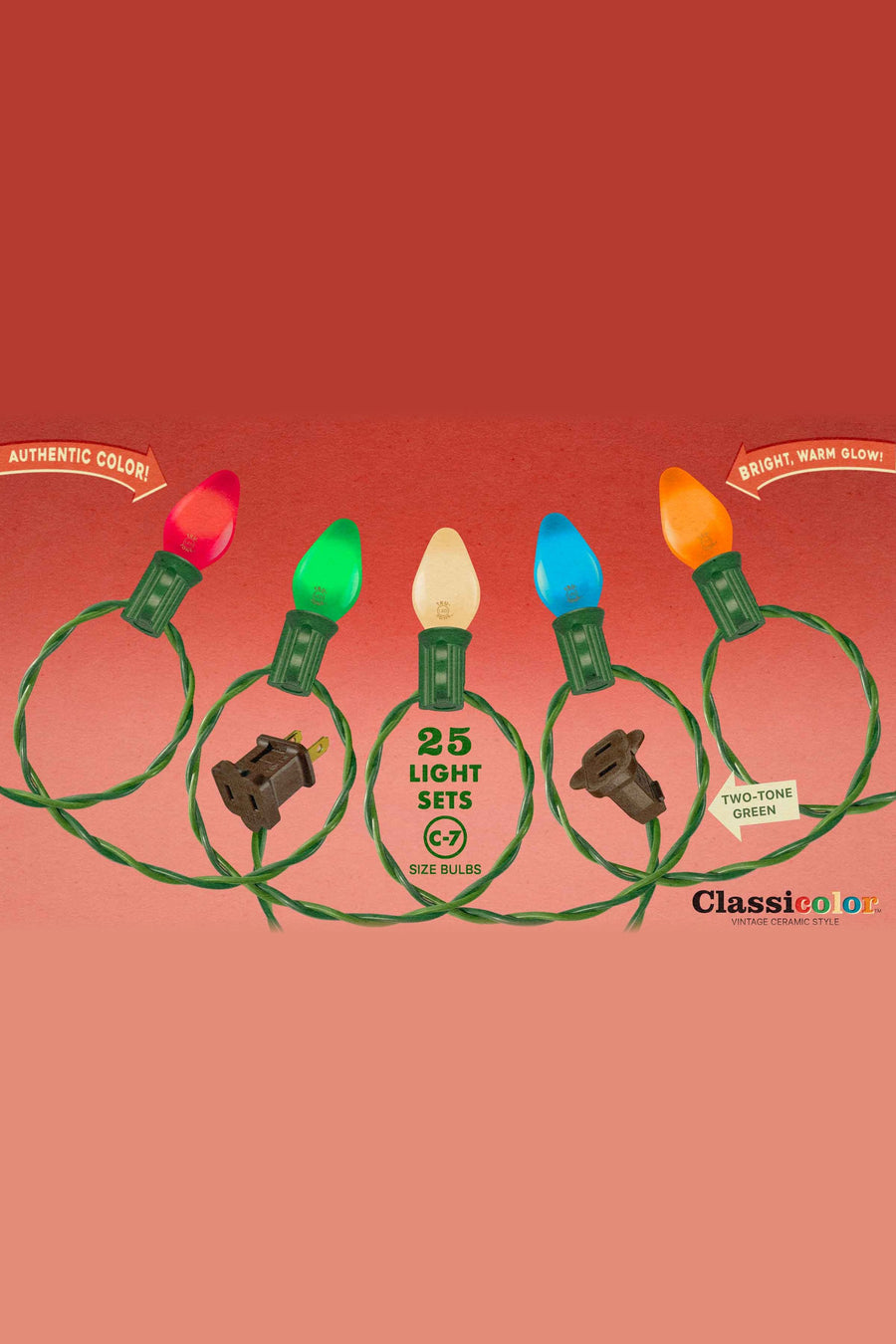 Tru-Tone C7 Classic Light Set, Classicolor 25-Light – red, green, white, blue and orange glass bulbs on two-tone green wire