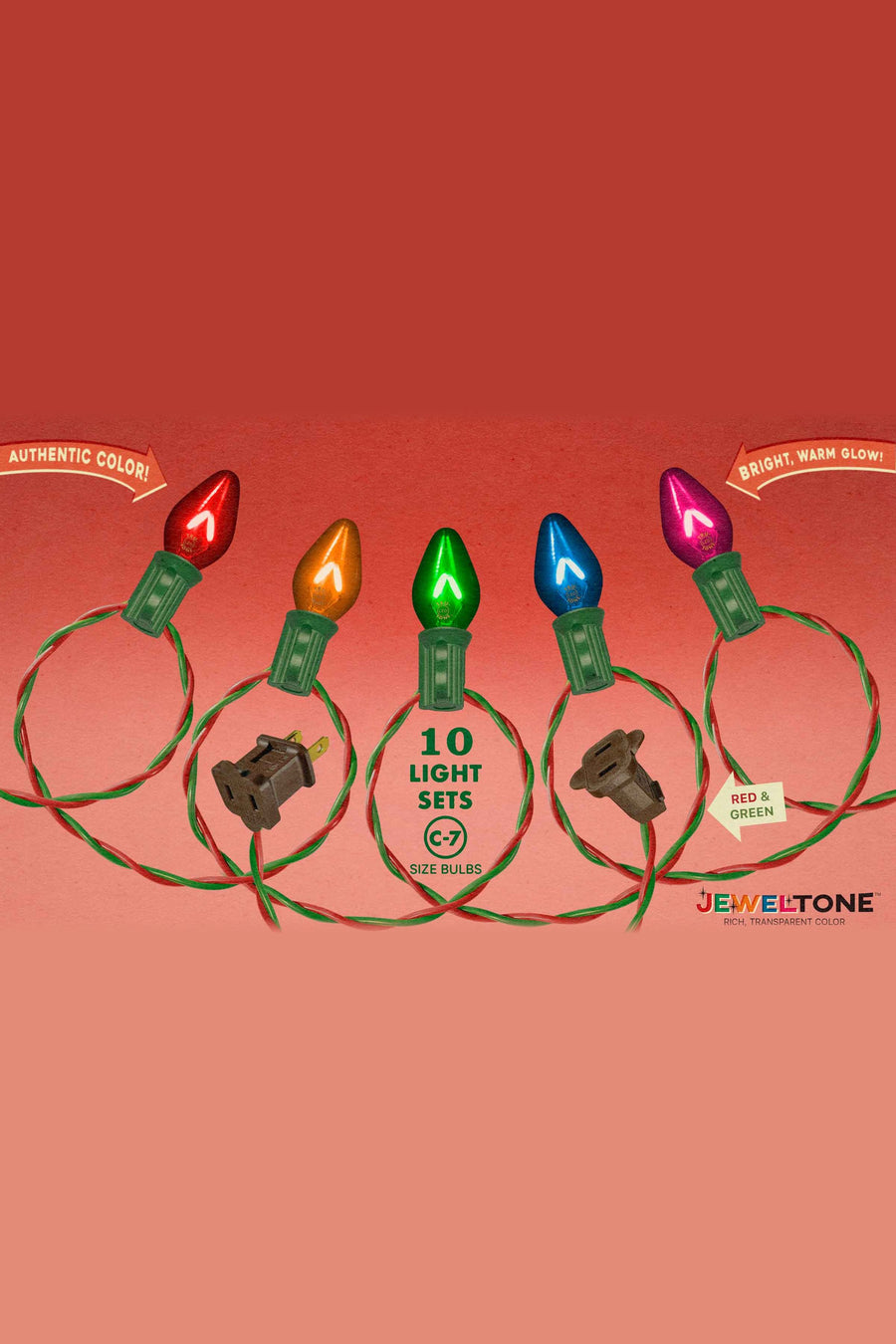 Tru-Tone C7 Classic Light Set, Jeweltone 10-Light – red, amber, green, blue and magenta transparent bulbs on red and green wire