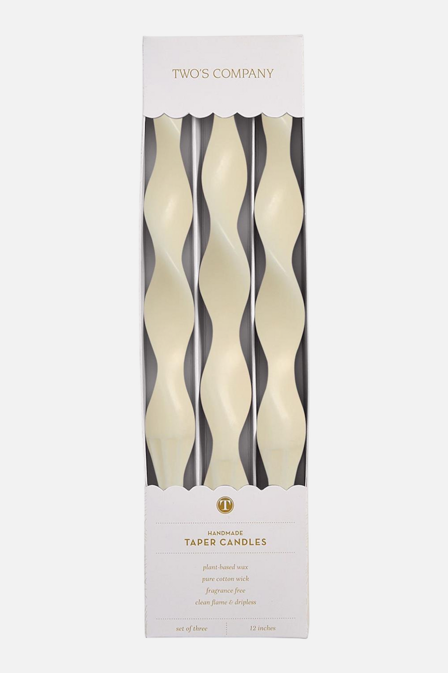 Two's Company Twist and Glow Ivory 12" Twist Taper Candles Set of 3 – front view