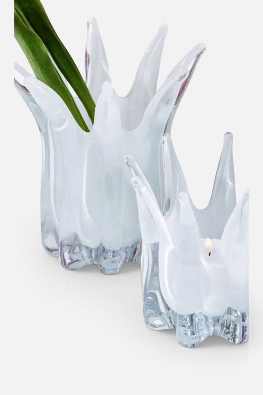 Two's Company White Blossoms Glass Candle Holder/Vase- Hand-Blown Glass – back view