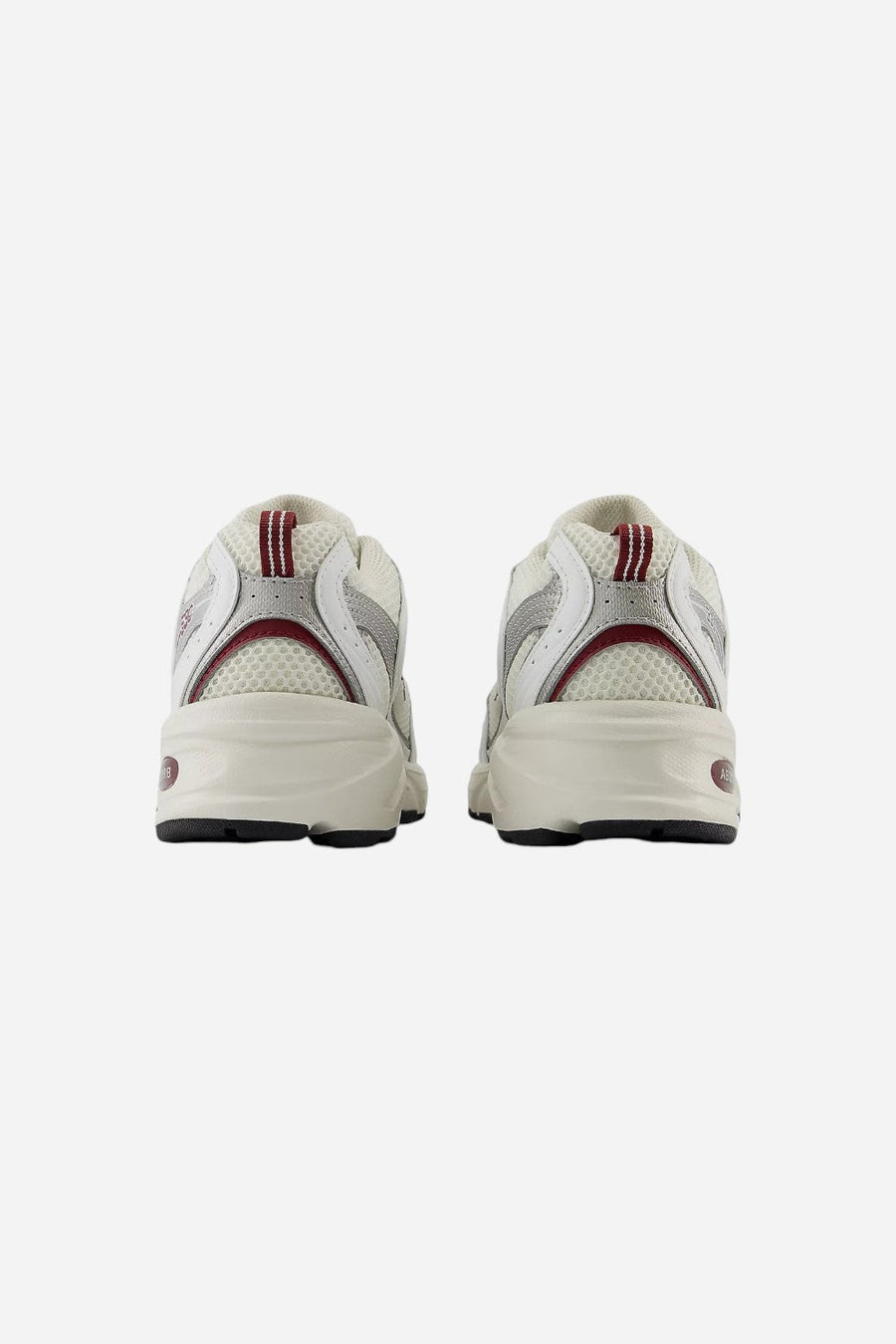 Unisex New Balance 530 Sneakers in Sea Salt with White and Mercury Red – flat lay