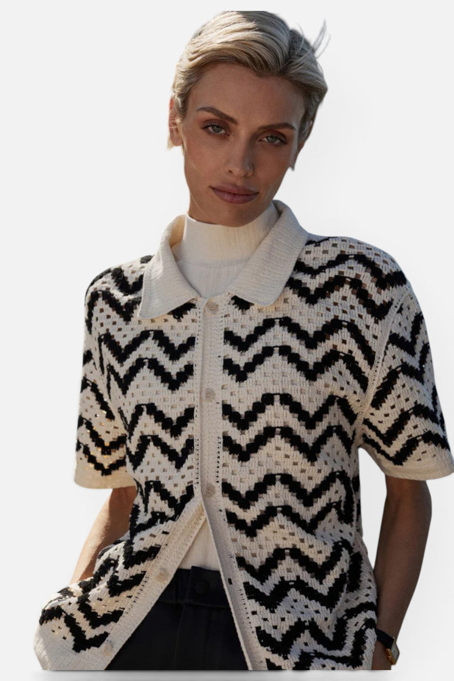 Varley Anais Crochet Polo Shirt in Birch – alternate