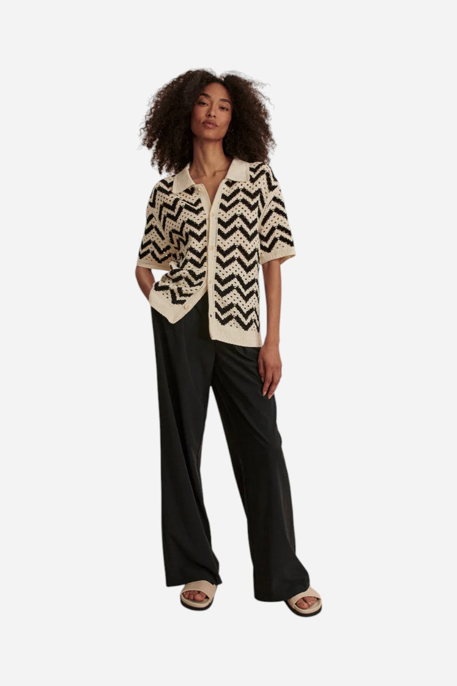 Varley Anais Crochet Polo Shirt in Birch – back view