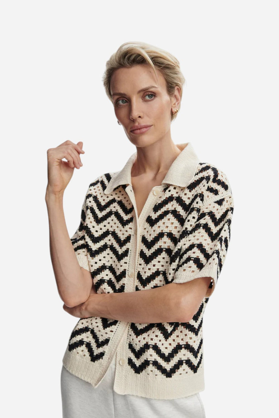 Varley Anais Crochet Polo Shirt in Birch – detail