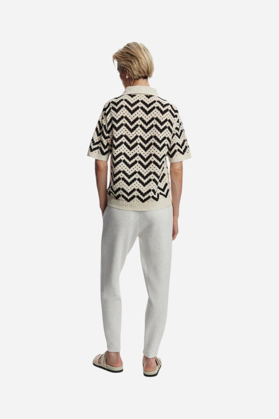 Varley Anais Crochet Polo Shirt in Birch – flat lay