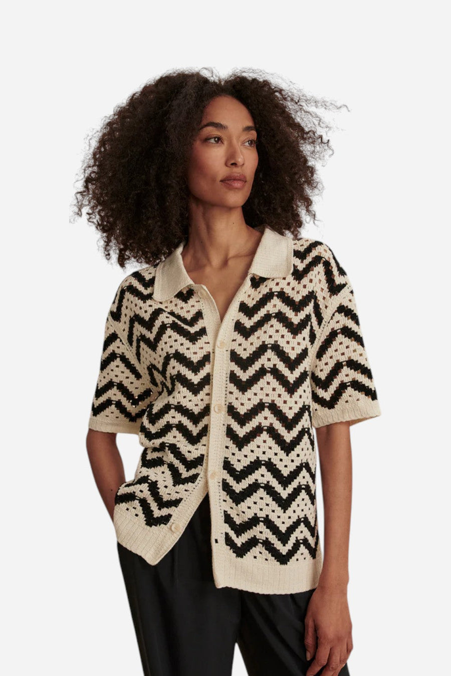 Varley Anais Crochet Polo Shirt in Birch – front view