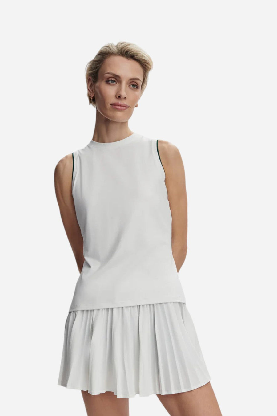 Varley Arton Performance Tank in White/Forest – front view