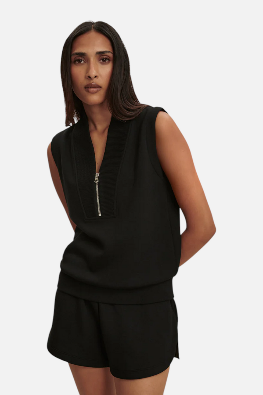 Varley Beau Sleeveless Half Zip Tank Sweatshirt in Black – front view