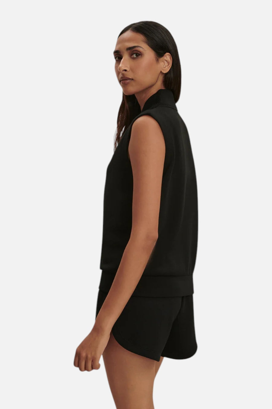 Varley Beau Sleeveless Half Zip Tank Sweatshirt in Black – on model