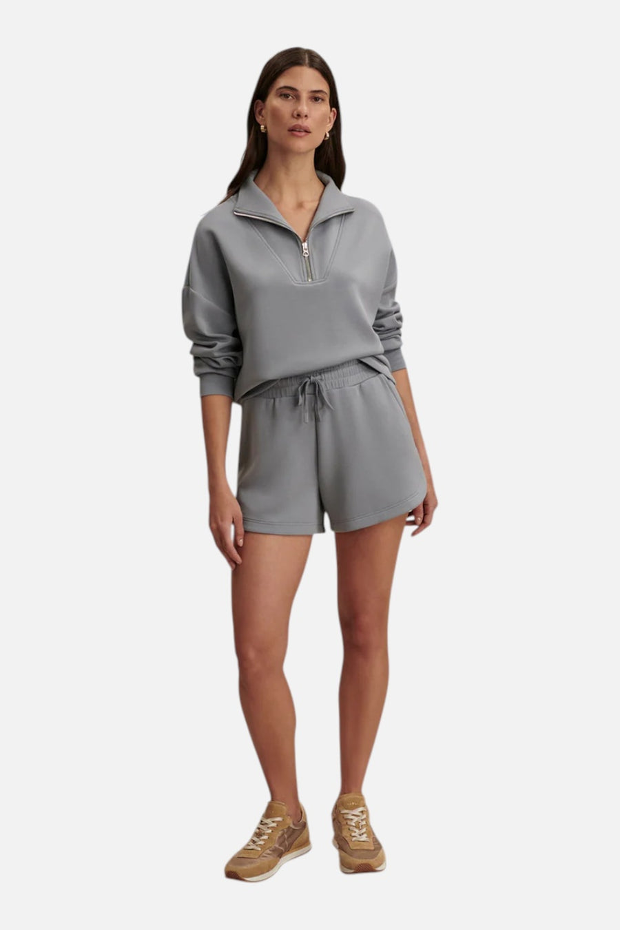 Varley Coulter High Rise Short in Wind Blue – on model