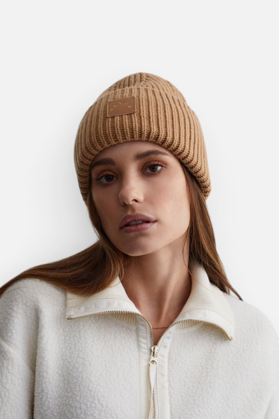 Varley Cresta Rib Beanie in Sand – side view