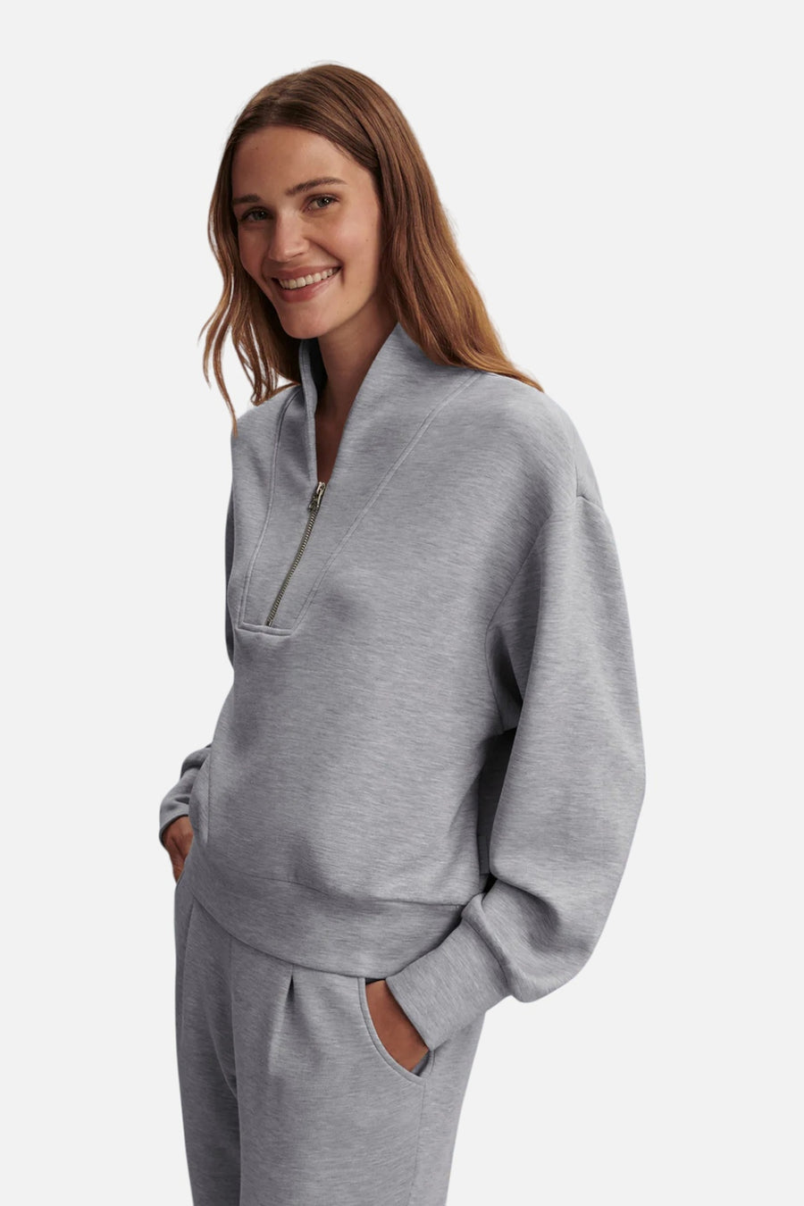 Varley Davidson Sweat in Mid Blue Marl – three-quarter view