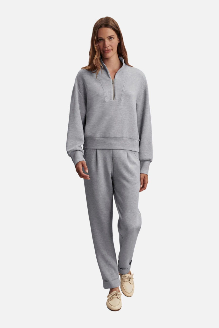 Varley Davidson Sweat in Mid Blue Marl – on model