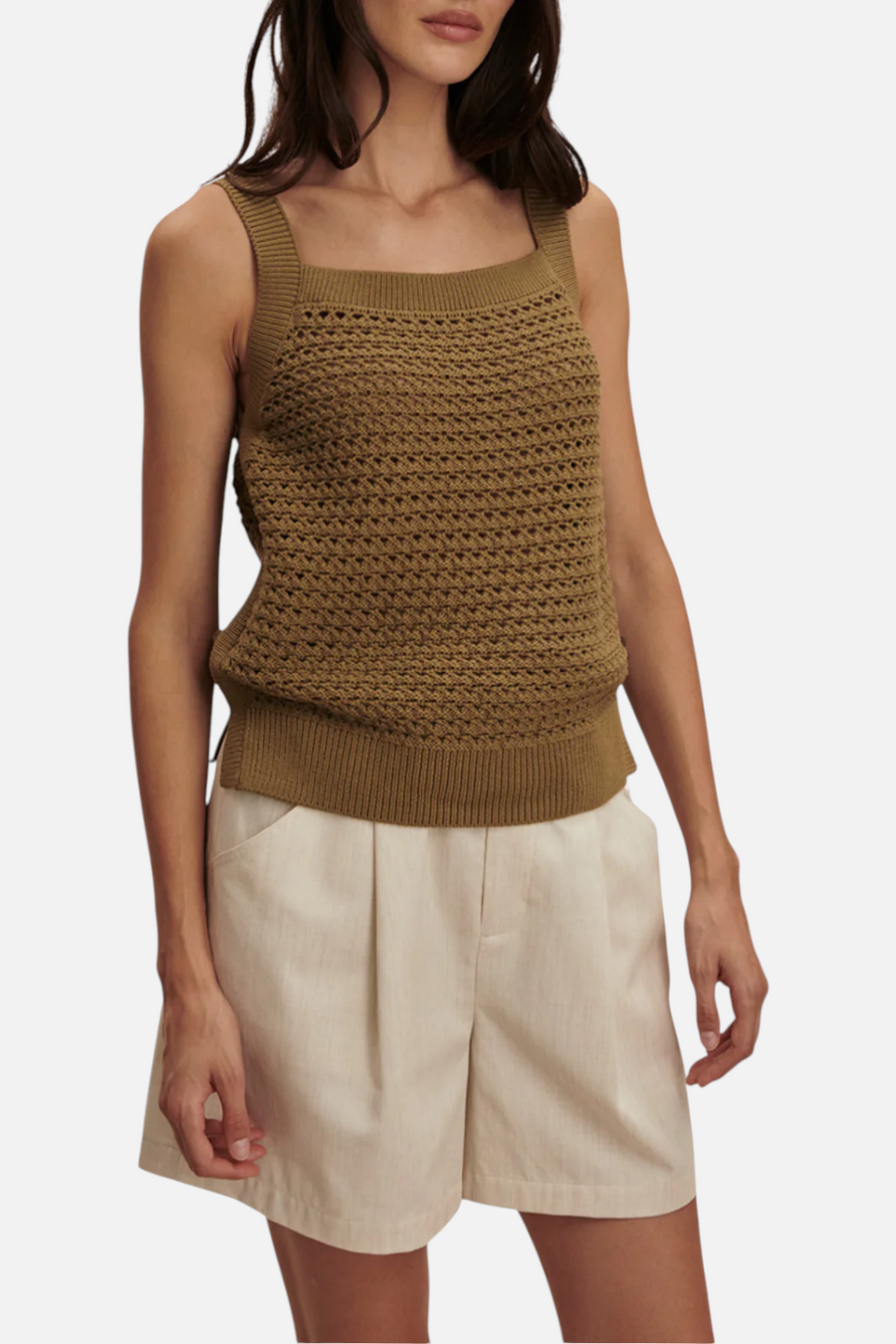 Varley Ebden Knit Tank in Golden Olive – back view
