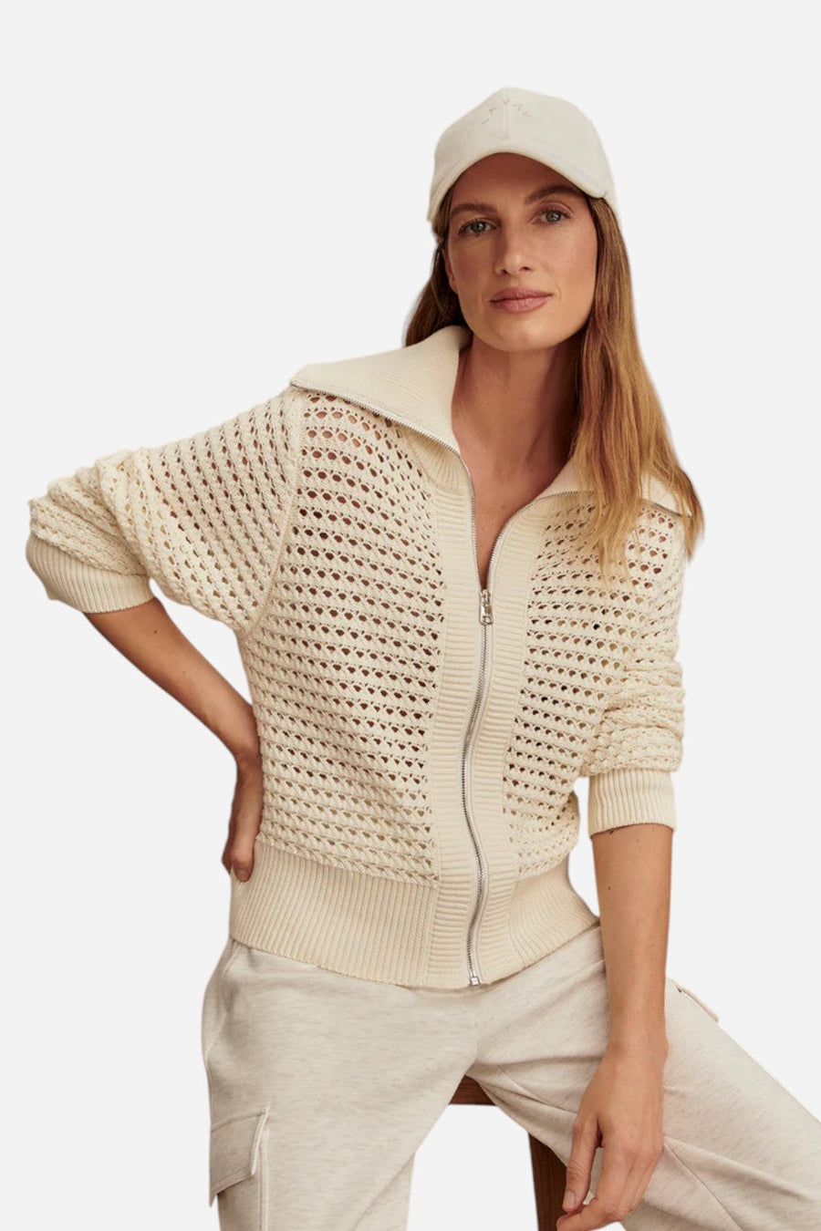 Varley Eloise Zip-Through Knit in Egret – front view