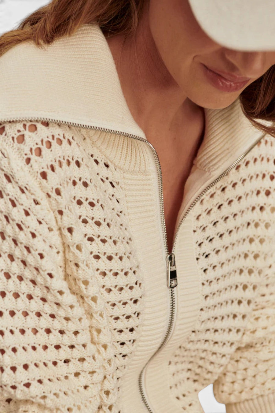 Varley Eloise Zip-Through Knit in Egret – side view