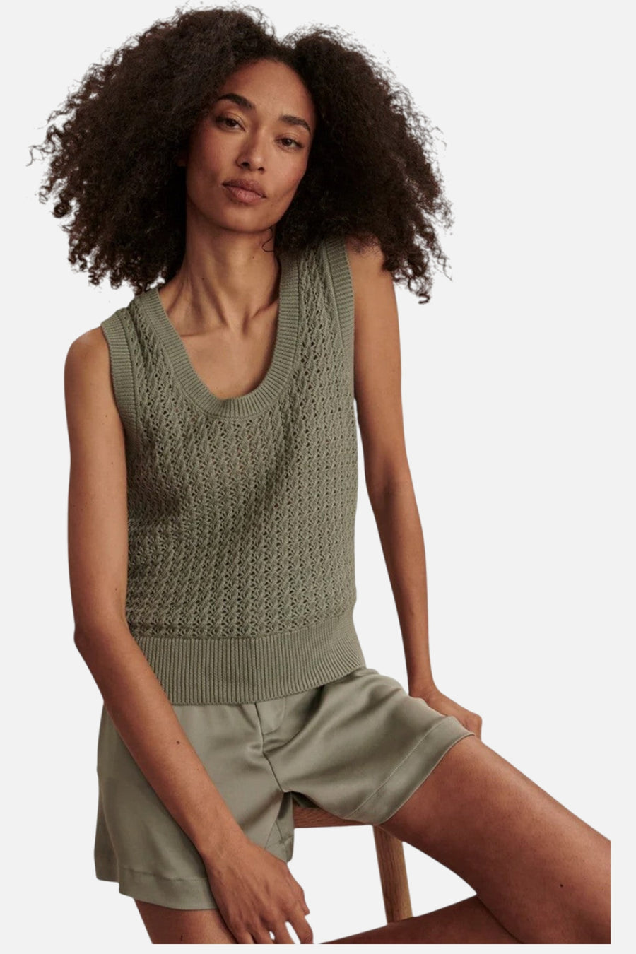 Varley Ferns Open Knit Tank in Shadow – on model