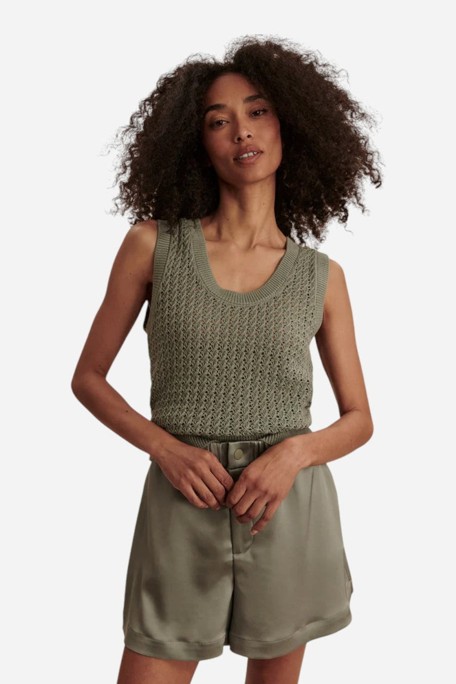 Varley Ferns Open Knit Tank in Shadow – on model