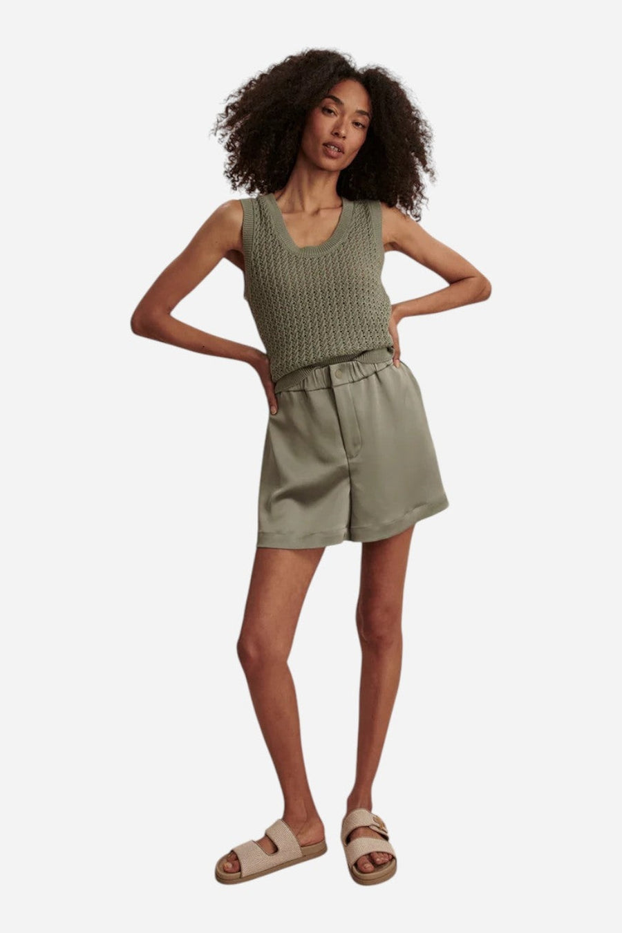 Varley Ferns Open Knit Tank in Shadow – on model