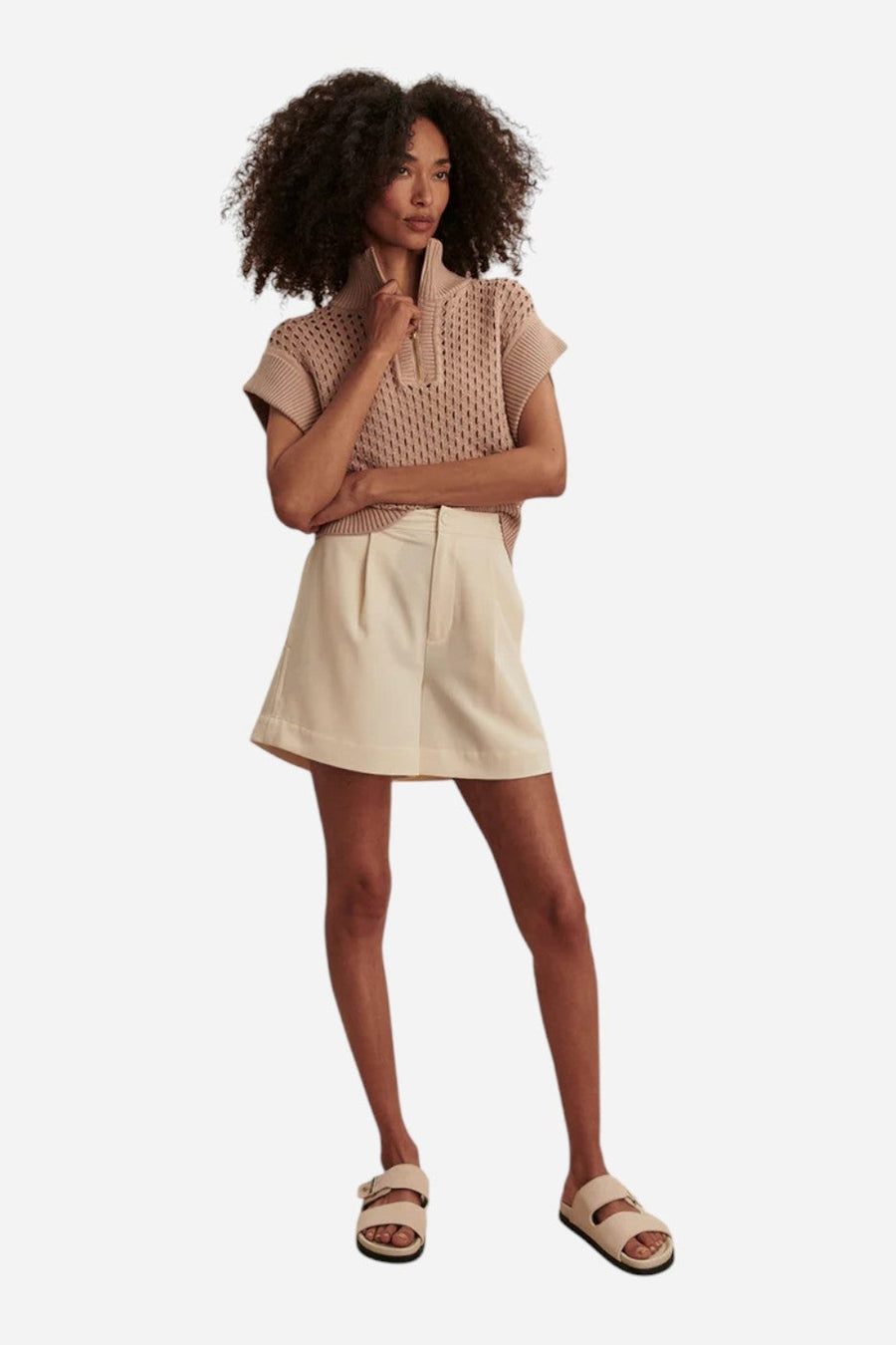 Varley Gaines Half-Zip Knit in Light Taupe – on model