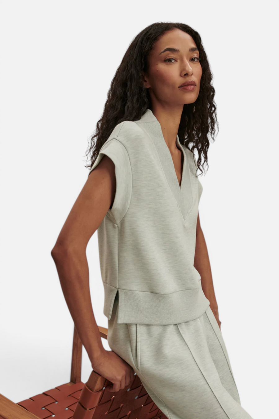Varley Gracee V Neck Tank in Mint Green Marl – detail