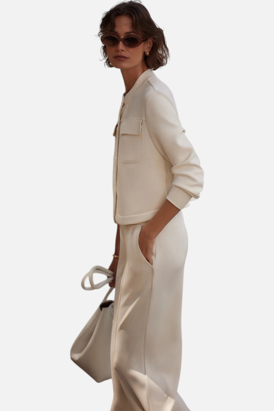 Varley Hartwell Button Through Sweat in Pristine – on model