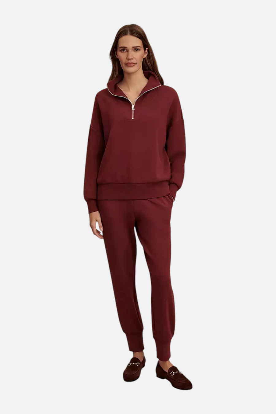 Varley Hawley Half Zip Sweat in New Maroon – detail