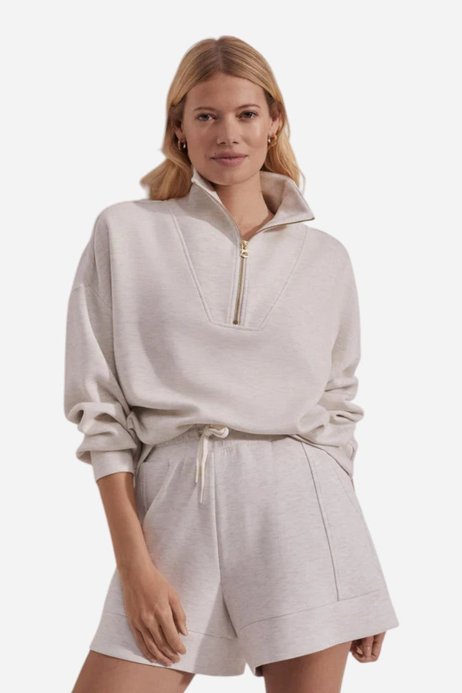 Varley Hawley Half Zip Sweatshirt in Ivory Marl – side view