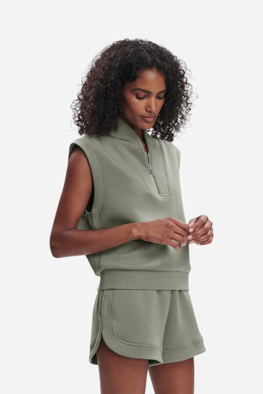 Varley Loretta Half-Zip Sleeveless Sweat in Shadow – flat lay