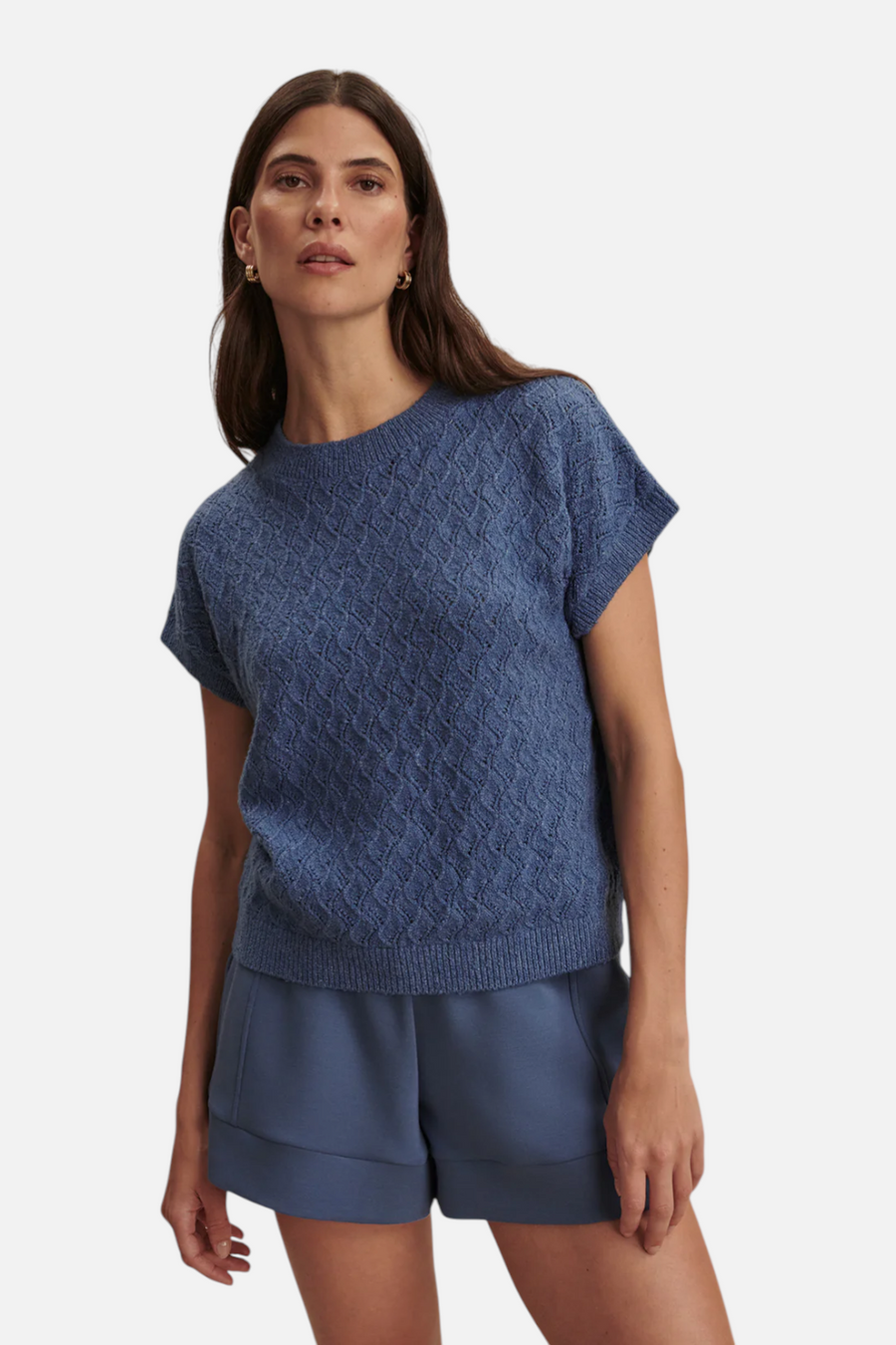 Varley Manae Pointelle Knit Top in Bijou Blue – back view